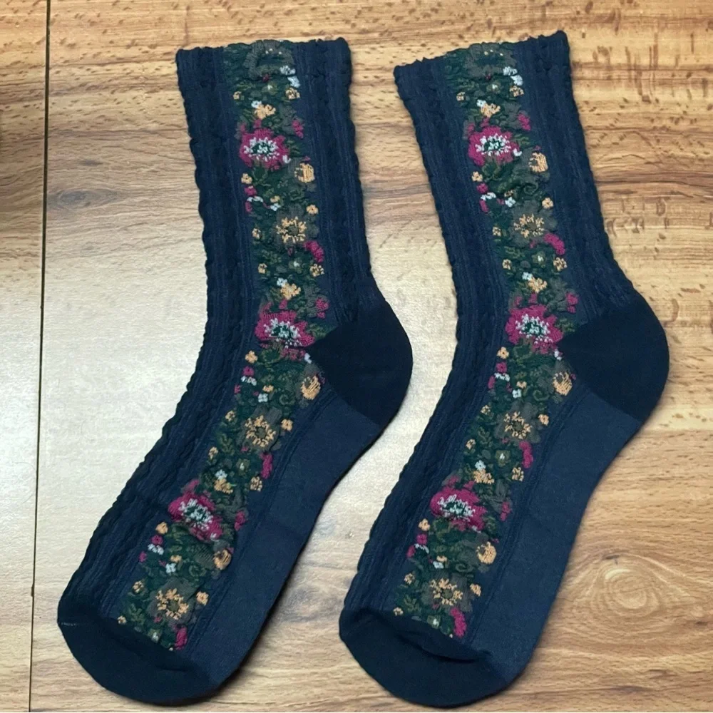 Floral Embroidered Navy Crew Dress Socks